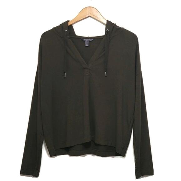 Banana Republic Army Green V Neck Terry Hoodie Pullover Sweatshirt Casual L - Picture 1 of 10